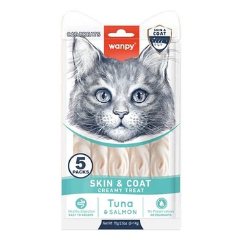 Wanpy Functional Creamy Treats Tuna & Salmon Skin & Coat - Кремові ласощі з тунцем та лососем для здоров’я шкіри і шерсті у котів 70 г (6927749871743)