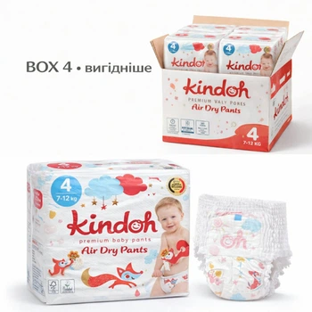 Преміум підгузники-трусики Kindoh Premium Baby Pants Air Dry Pants 4 розмір ( 7-12кг ) Box 4 уп*42шт