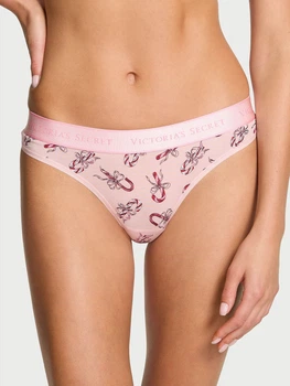 Хлопковые женские трусики стринг танга Victoria's Secret розовые с принтом QYQ18 размер XS