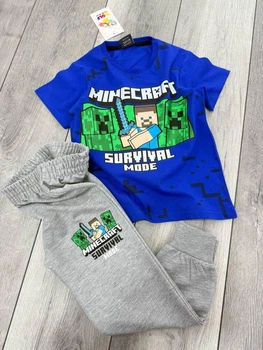 Дитячий костюм для хлопчика Minecraft (футболка + штани) Синій із сірим 110-116