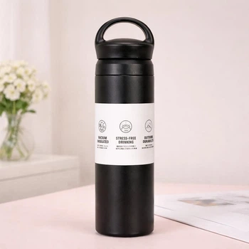Термос дорожній 500 мл із нержавіючої сталі 304, з подвійною кришкою та ручкою, Чорний (Термопляшка для води)