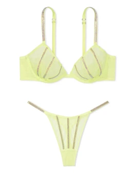 Комплект Victoria's Secret Very Sexy Sheer Shine Unlined Low-Cut Demi Bra та Thong Panty виконаний у яскравому кольорі Citron Glow ,зі стразами, Лимонний жовтий 34C-S