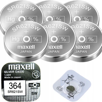 Батарейки Maxell 364 (SR621SW) 1.55V, серебряно-оксидные, 6 шт, для часов, Япония