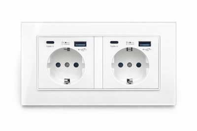 Подвійна розетка європейського стандарту тип 146х86 з USB та Type-C, скляна панель, біла