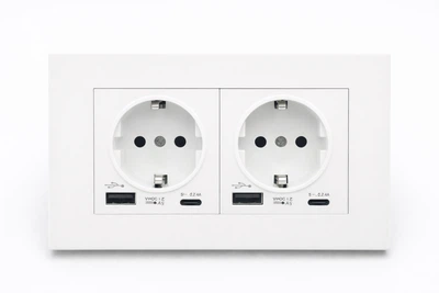 Подвійна розетка європейського стандарту 146х86 з USB та Type-C, (полікарбонат), біла