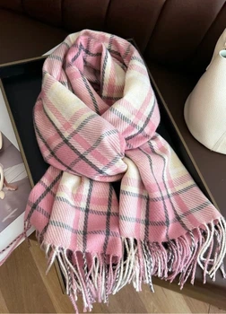Шарф-палантин женский в клетку зима-весна-осень с кистями 184х68 см G&N Розовый с молочным 18653