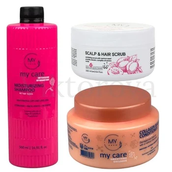 Набор для увлажнения и разглаживания волос My Cosm: Шампунь My Cosm My Care Intensive Hydration 500 мл + Кондиционер My Cosm My Care Daily Smoothing 500 мл + Скраб My Cosm Scalp & Hair Scrub 250 мл