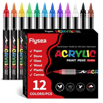 Акрилові маркери кистьові Flysea Soft Brush 12 кольорів, для паперу, тканини, дерева, скла, каменю, кераміки та пластику (afb12)