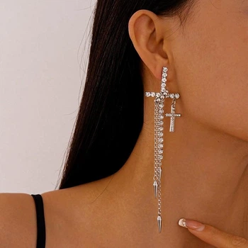 Сережки зі стразами у формі хреста з довгою китицею "New Style", срібло