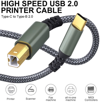 Кабель для принтера сканера 1м Type-C USB-B шнур для подключения к компютеру ПК и ноутбука для печати Серый