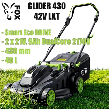 Аккумуляторная газонокосилка FOX GLIDER 430 42V LXT (2 х 9Ah): ширина 43 см, травосборник 40 л, мульчирование