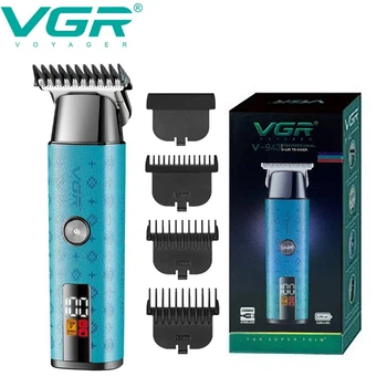 Тример VGR V-943 BLUE акумуляторний, машинка для стрижки бороди і вусів, 3 насадки, LED дисплей, Li-Ion 2000 мАг, до 150 хв роботи, керамічні леза, роторний двигун, чоловічий тример блакитний для дому та барбера