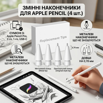 Сменные наконечники для Apple Pencil Pro/2/1/USB-C, 4 шт (POM+ метал), 0.78 мм, износостойкие, точный контроль