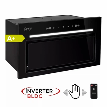 Кухонная вытяжка с управлением жестами Perfelli Design FILINI 5 NERO SILENZIO, черная полновстроенная мощная вытяжка на кухню
