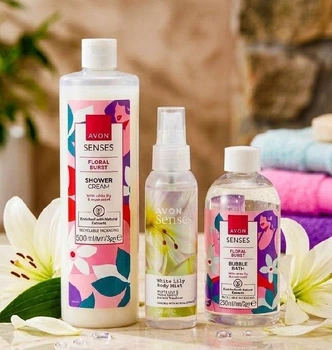 Набор Avon Senses "Цветочный взрыв" с ароматом белой лилии и мускуса (гель для душа 500 мл, спрей 100 мл, пена для ванны 250 мл)
