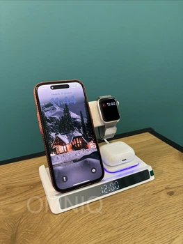 Безпровідна зарядка 4 в 1 Apple Watch iPhone AirPods, Бездротова Док-станція Wiwu, Білий колір Нічник