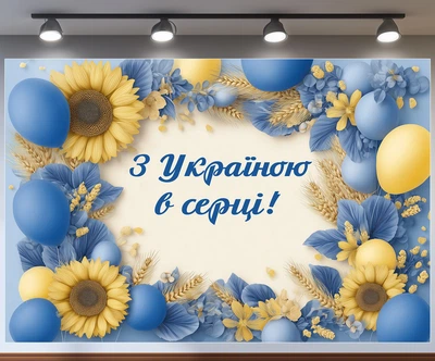 Баннер фотозона С Украиной в сердце патриотическая с подсолнухами и колосьями 180x120см, №41397
