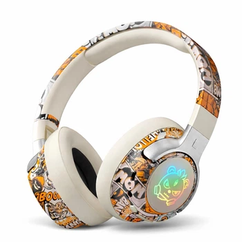 Бездротові накладні навушники SY-T12 Bluetooth 5.4, Hi-Fi звук, RGB підсвітка, з мікрофоном, для телефону та ПК, бежеві