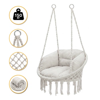Підвісне плетене крісло-гойдалка з подушкою 80 см LEOBRO Boho Deluxe XL Cream (LB-1112) навантаженням до 150 кг, бежеве