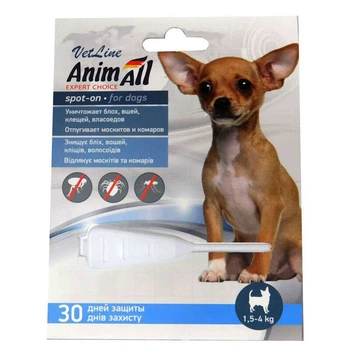 Противопаразитарные капли на холку от блох и клещей для собак AnimAll VetLine Spot-On 1,5-4 кг (4820275974099)