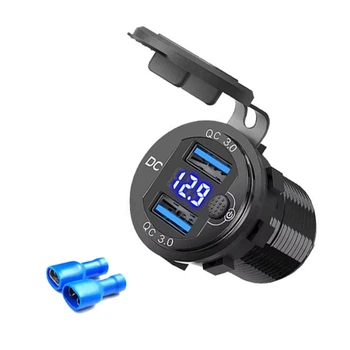 USB розетка в авто врезная на 2 ЮСБ гнезда с вольтметром 12 вольт - 24В, QC 3.0 (быстрая зарядка) Синяя