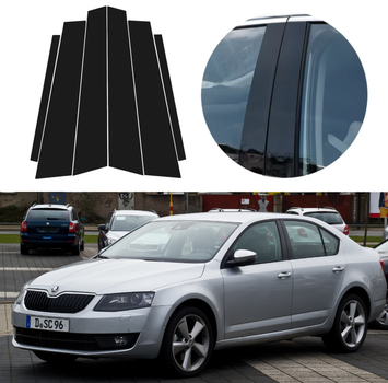 Накладки (наклейки) на стойки дверей Skoda Octavia A7 2013-2020 года черный глянец комплект 6шт.