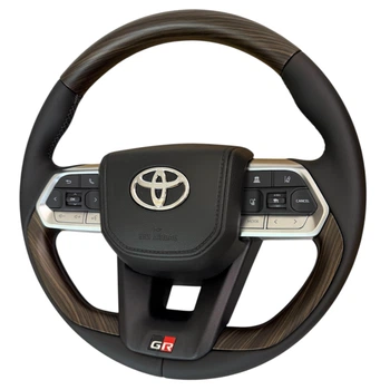 Руль для Toyota Tundra. В стиле LC300. GR. Коричневое дерево. Кнопки и логотип - хром.
