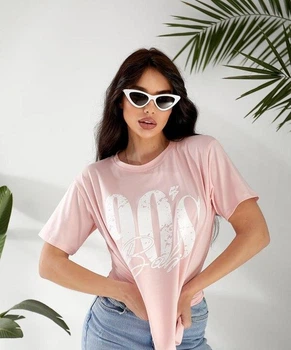 Футболка женская из кулира с принтом и свободным кроем весенняя G&M k-128378 42-46 Размер цвет пудра