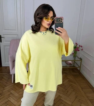 Жіночий лонгслів з двонитки оверсайз однотонний весняний G&M k-128559 60-62 Розмір колір жовтий