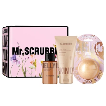 Набір для тіла Mr.SCRUBBER SWEET CARAMEL: Гель для душу Mr.SCRUBBER Jelly Bubbles Salted Caramel Shower & Bath Gel 100 мл + Крем-гель Mr.SCRUBBER Skin Delights Body Gel Cream Salted Caramel 150 мл + Бомбочка для ванни Mr.SCRUBBER Bath Bomb Gold 200 г