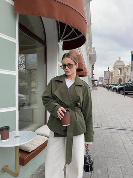 Жіночий тренч укорочений оливковий 42-46 4942/434
