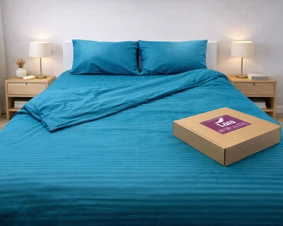 Постельное белье LARA сатин-страйп LUX turquoise d13227е160 с простынью на резинке 160х200х25 евро