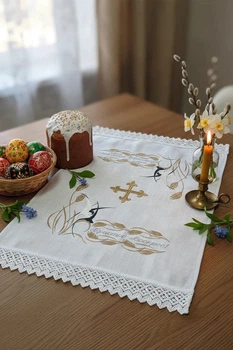 Рушник великодній 03 NytkaArt машинною вишивкою та мереживом 39х52см білий