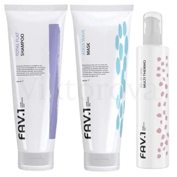 Набір для розгладження та зволоження волосся FAV.1: Шампунь FAV.1 TOTAL FLAT SHAMPOO 250 мл + Маска FAV.1 AQUA WAVE MASK 250 мл + Термозахист FAV.1 ALL IN ONE MULTI THERMO 200 мл