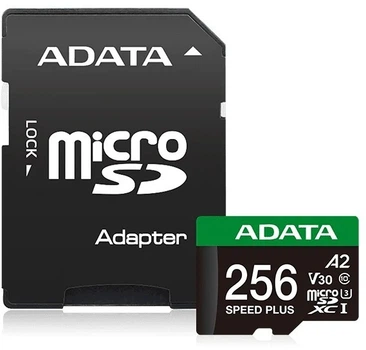 Карта памяти microSD 256Gb ADATA Speed Plus Class 10 V30 A2 UHS-1 U3 + SD адаптер (UD256GUI3V30A2SP-RA1)