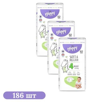 Детские подгузники 186 шт Happy Bella Baby Maxi размер 4 (8-18 кг)