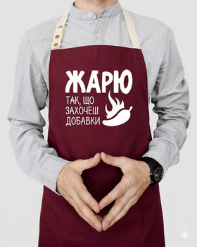 Мужской фартук на подарок с надписью «Жарю так, що захочеш добавки» (бордовый)