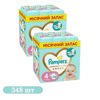 Детские подгузники 348 шт Pampers Premium Care размер 4 (9-14 кг)