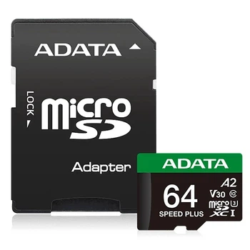 Карта пам'яті ADATA Speed Plus microSDXC 64GB UHS-I U3 V30 A2 140/160 MB/s + SD адаптер (UD64GUI3V30A2SP-RA1)