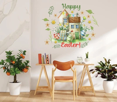 Декоративная наклейка Пасхальный домик 01 (весна цветы листья яйца Happy Easter) Набор М 100х100см матовая