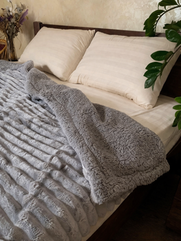Плед покрывало искусственная овчина 200×220 двусторонний очень тёплый плед полоска на диван евро размер цвет Серый