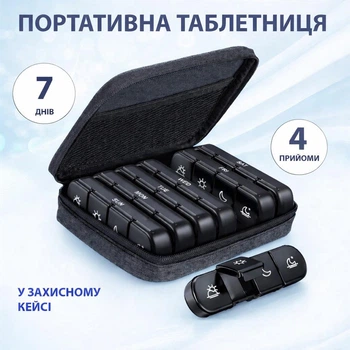 Таблетница для лекарств в защитном кейсе по дням (утро - день - вечер - ночь) Box футляр - органайзер для витаминов и таблеток на 7 дней / на неделю, черная (130231147)