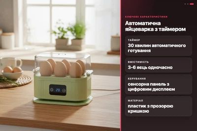 Яйцеварка автоматична електрична з таймером на 6 яєць прозора кришка сенсорне управління