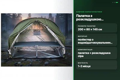Комплект палатка PSK+2 з розкладушкою CT-X02 сіра 200x80x145 см для кемпінгу і рибалки