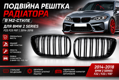 Двойная решетка радиатора M2 Style BMW 2 Series F22 F23 F87 2014-2018 черный глянец