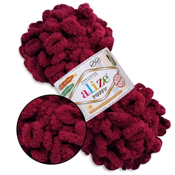Alize Puffy, Бордовый №987, 100г/9м – Ализе Пуффи, плюшевая пряжа с готовыми петлями для вязания руками пледов, игрушек, балаклав, аксессуаров