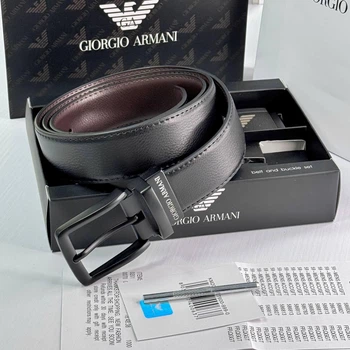 Чоловічий ремінь GIORGIO ARMANI натуральна шкіра двосторонній чорний з коричневим 120 см (LUX1436)