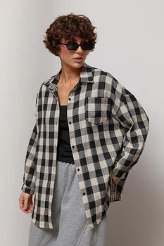 Клетчатая рубашка оверсайз на пуговицах Lurex Черный One Size (93610)
