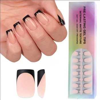 Гелевые типсы для наращивания с французским маникюром Soft Gel глянцевые квадрат S 150 шт натурально-бежевый с черной линией френча (0413)