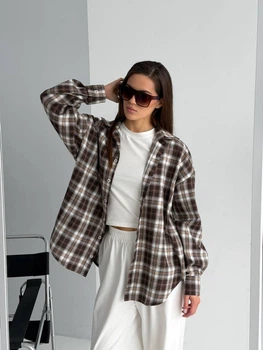 Бавовняна жіноча оверсайз сорочка в клітинку, шоколад, one size (XS–XL)